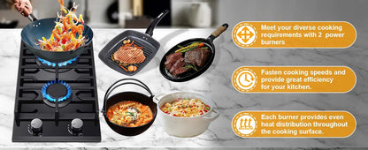 TopStrong 2 Burners 30cm Kitchen Built in Tempered Glass NG/LPG Dual Fuel Gas Hob UKGCT-B02