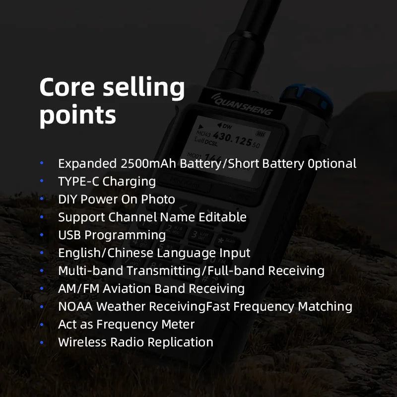 QUANSHENG K1 Air Band Walkie Talkie Wireless Copy Frequency Meter Type-C Charging NOAA Multi-Band Portable Two Way Radio UV