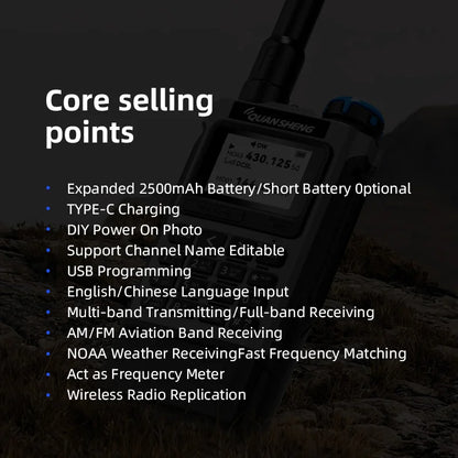 QUANSHENG K1 Air Band Walkie Talkie Wireless Copy Frequency Meter Type-C Charging NOAA Multi-Band Portable Two Way Radio UV