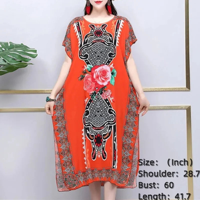 Casual Elegant Bohemian Printed Ethnic Style Retro Floral Woman Summer Street Wear Batwing Sleeve Loose Tunic Maternity Dress
