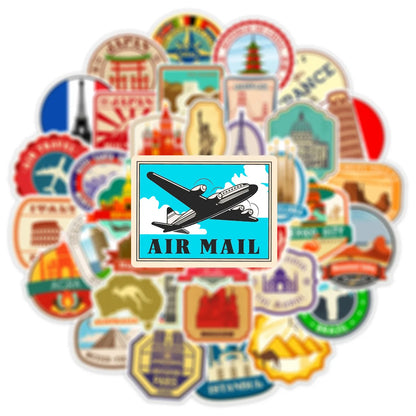 10/25/50pcs Retro World Travel Landmark Stickers Graffiti Vintage Post Stamp Style for Scrapbook Luggage Laptop Phone Car