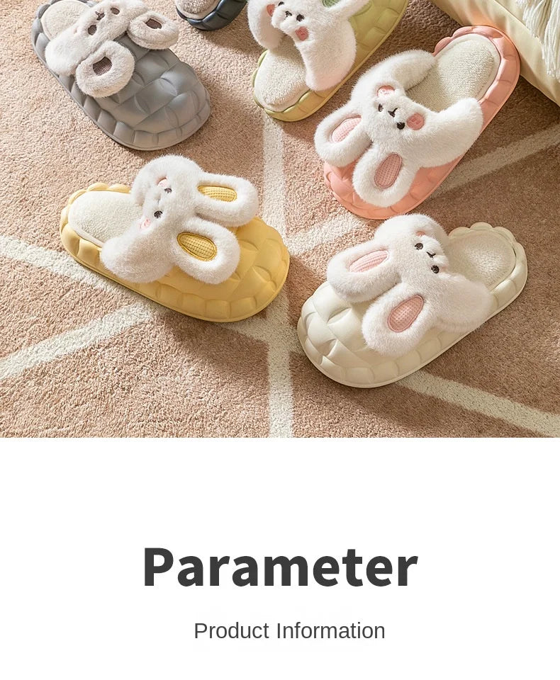 Mo Dou 2022 Winter Warm Women Slippers Waterproof Vamp Cute Rabbit Bear Decoration Indoor Outdoor Shoes Soft Plush Men Slippers