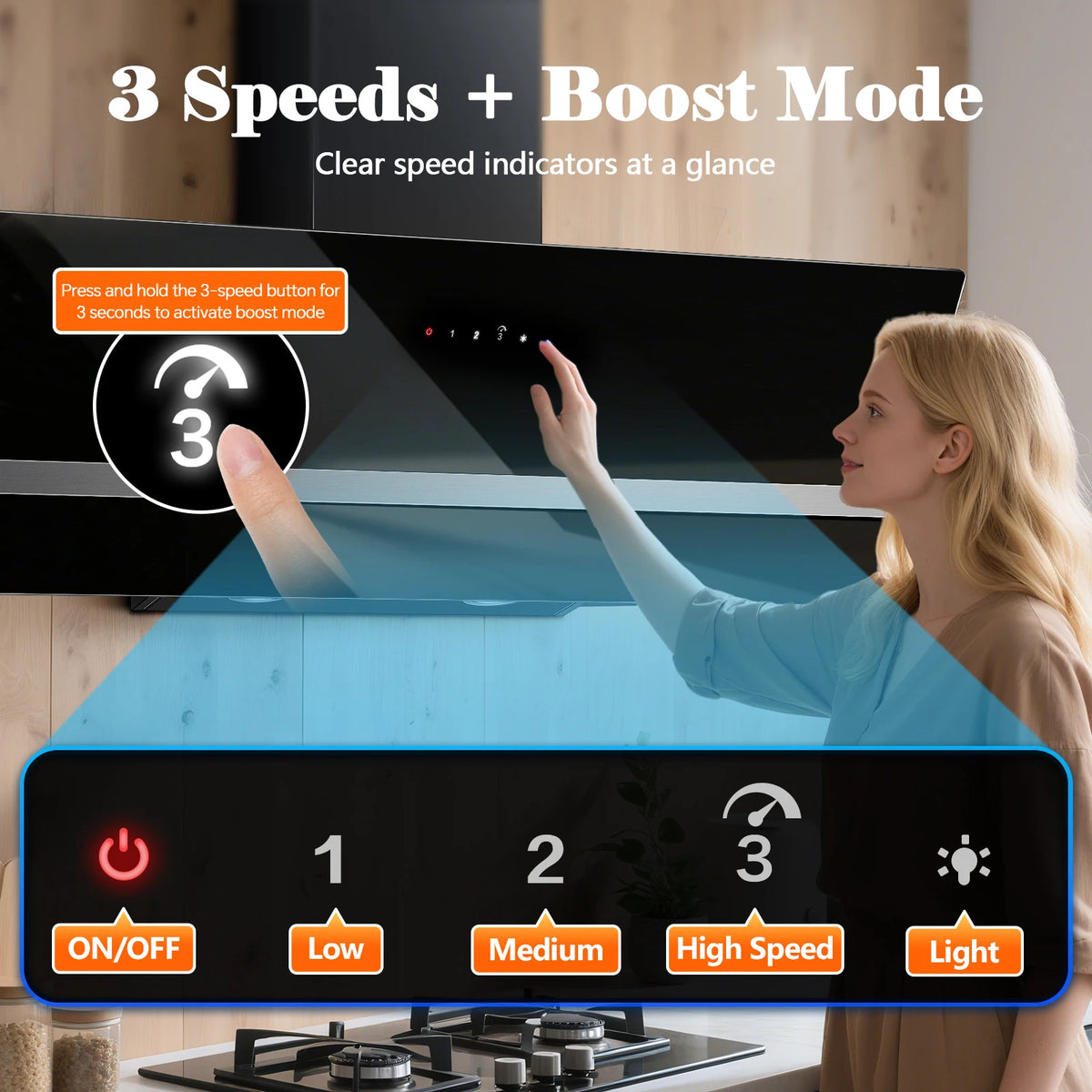90cm Wall Hood, A+++ Energy Class, 400 m³/h, Touch Control, LED Light, Black Stainless Steel/Glass, Quiet 58 dB‌