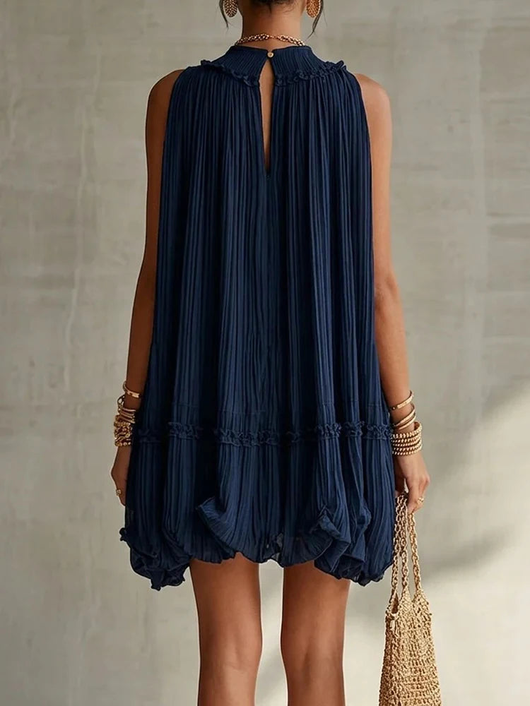 2026 Women Solid O-Neck Princess Party Dress Spring Summer Sexy Sleeveless Ladies Loose Ruched Dresses Streetwear Dropshipping