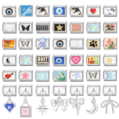 Fashion Devil Eyes Cats Tai Chi Heart Star Flowers Italian Charm Links Stainless Steel Fit 9mm Bracelet Jewelry Diy Making Gifts