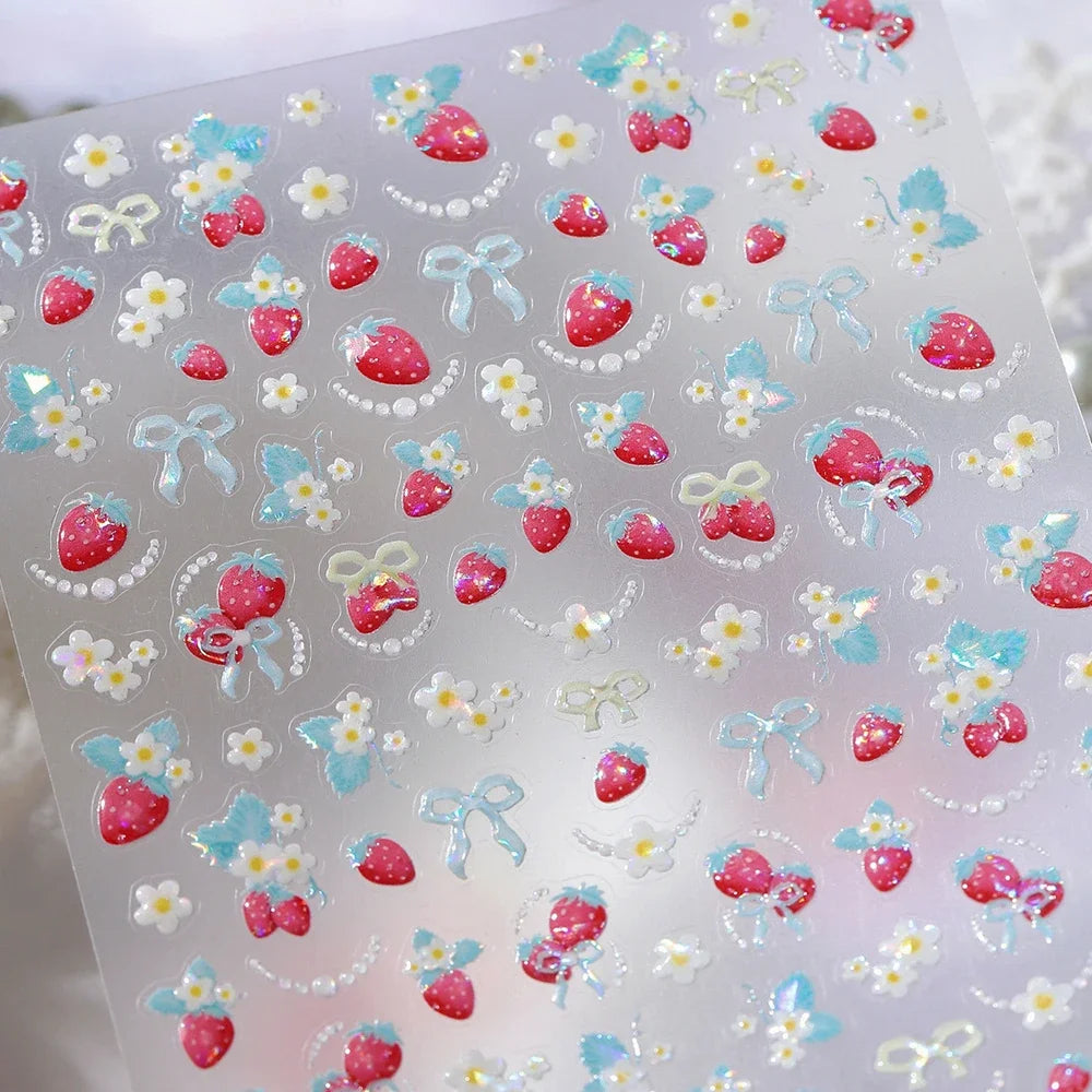 Juicy Red Jelly Tomato Nail Art Sticker Cute Bowknot Glitter Star Kawaii 5D Fruit Self Adhesive Nail Art Decals for Summer DIY