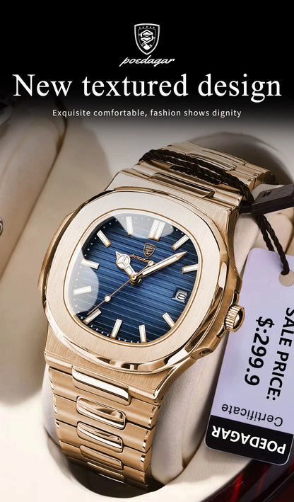 POEDAGAR Fashion Business Man Watch Waterproof Luminous Date Stainless Steel Men Quartz Watch Luxury Square Men's Watches Reloj