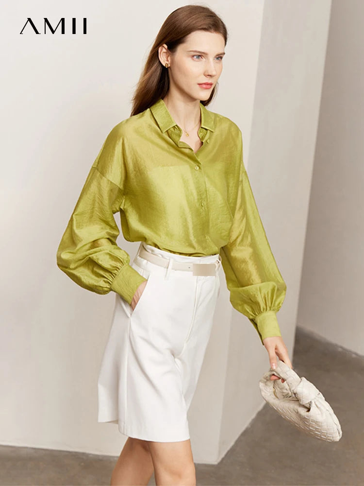 AMII Minimalist Blouse for Women 2023 Autumn Lantern Sleeve V-Neck Slightly Transparent Elegant Commuter Clothing Tops 72341030