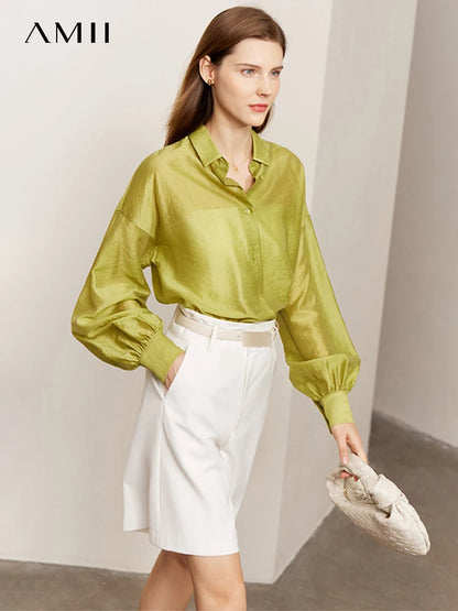 AMII Minimalist Blouse for Women 2023 Autumn Lantern Sleeve V-Neck Slightly Transparent Elegant Commuter Clothing Tops 72341030