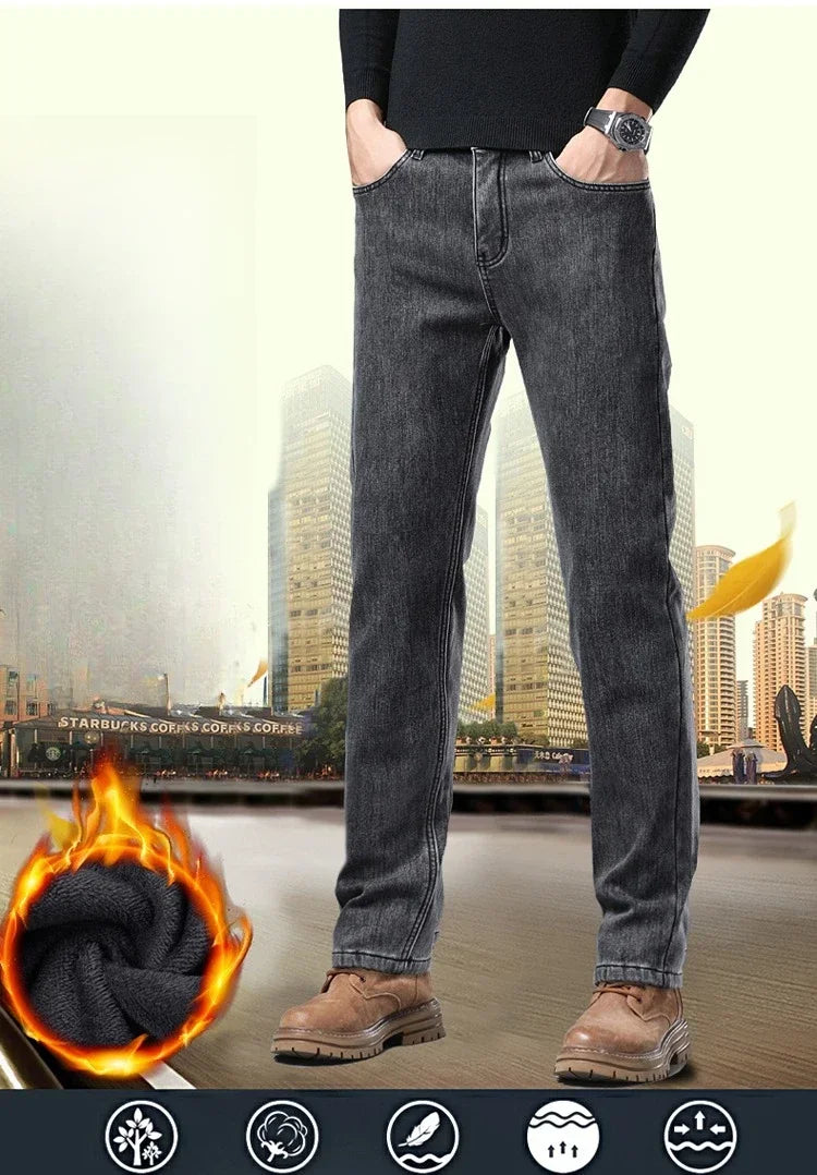 Men's Winter Stretch Fleece Jeans Thickened Warm Loose Straight Velvet Denim Trousers Classic Business Casual Black Work Pants