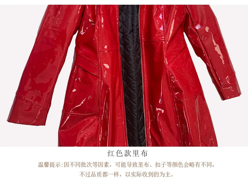 Nerazzurri Spring Fitted Waterproof Shiny Reflective Black Patent Faux Leather Jacket Women with Hood Zipper Red Autumn Clothes