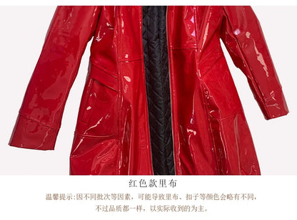 Nerazzurri Spring Fitted Waterproof Shiny Reflective Black Patent Faux Leather Jacket Women with Hood Zipper Red Autumn Clothes