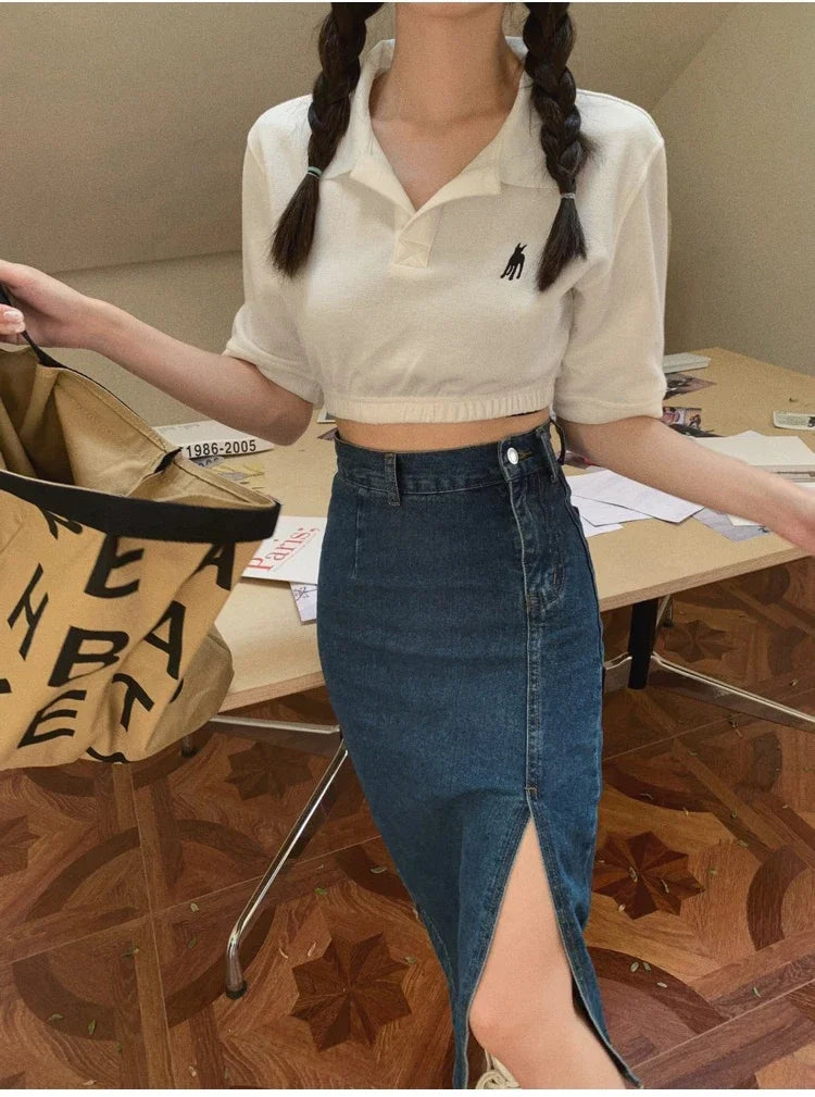 Korean Style Slim Bodycon Blue Skirts For Women 2026 Spring Summer New High Waist Split Denim Midi Skirt
