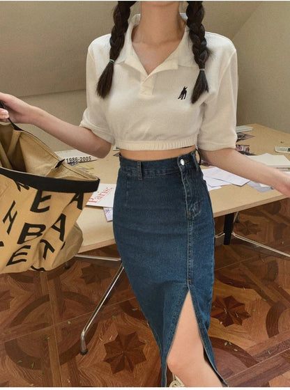 Korean Style Slim Bodycon Blue Skirts For Women 2026 Spring Summer New High Waist Split Denim Midi Skirt