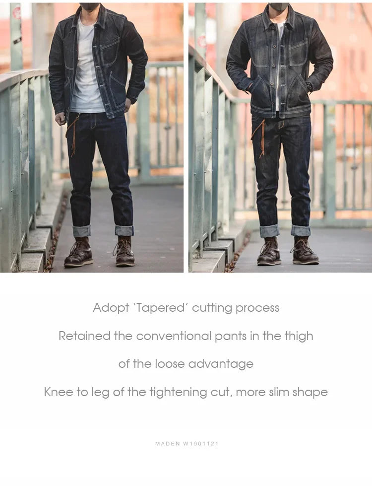 Maden Vintage Raw Denim Jeans for Men 14.8 OZ Jeans Denim Washed Straight Tapered Fit Pants Mid Waist Casual Trousers