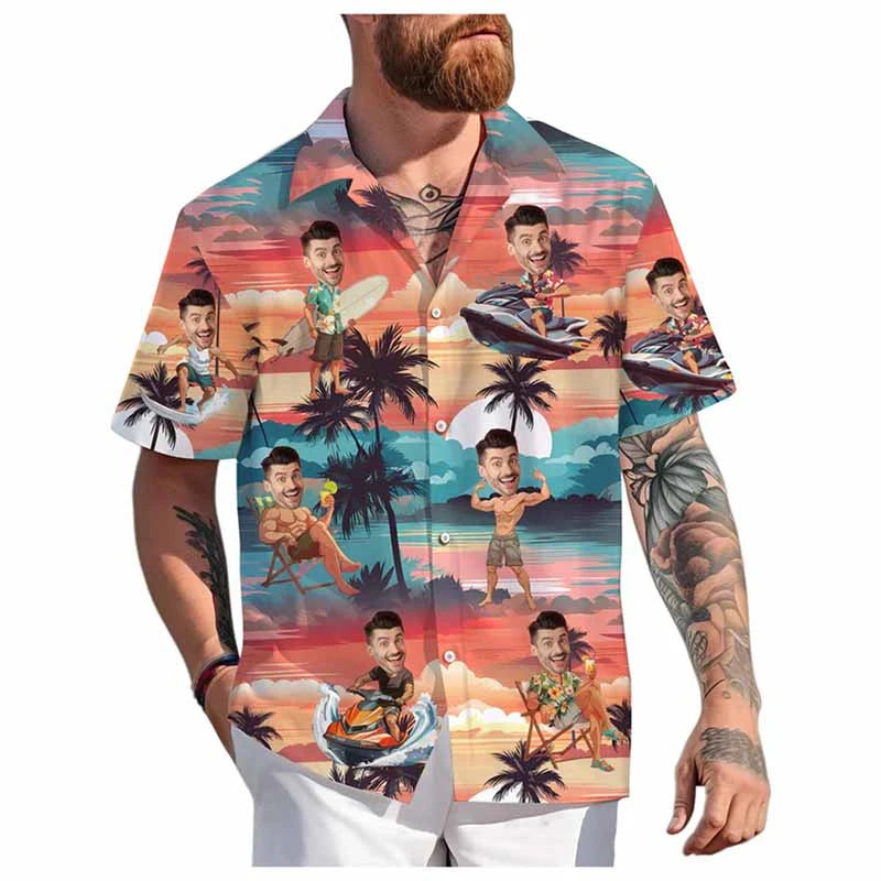 Custom Face Hawaiian Shirt Unisex Funny Personalized 3D Printed Button Shirts 2025 Beach Short Sleeves Lapel Shirts DIY Blouses