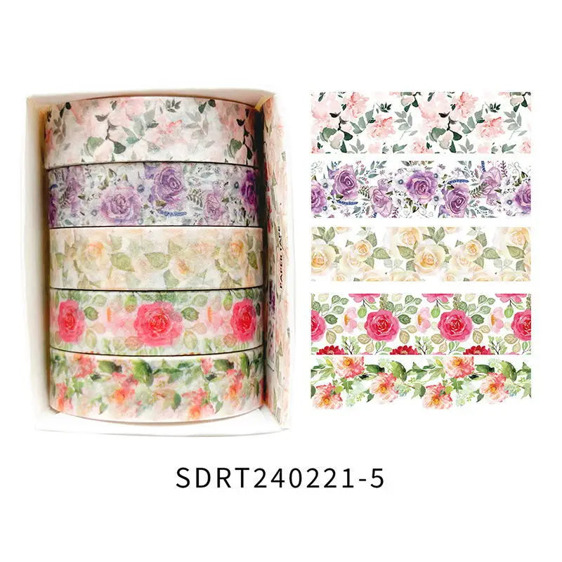 5 Rolls/set Aesthetics Floral Decorative Adhesive Tape Flower Washi Tape DIY Scrapbooking Material Sticker Label Stationery