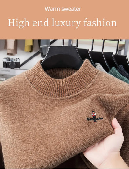 Light luxury brand round neck sweater knitted plush thicken warm pullover cartoon character embroidery fashion golf men's wear