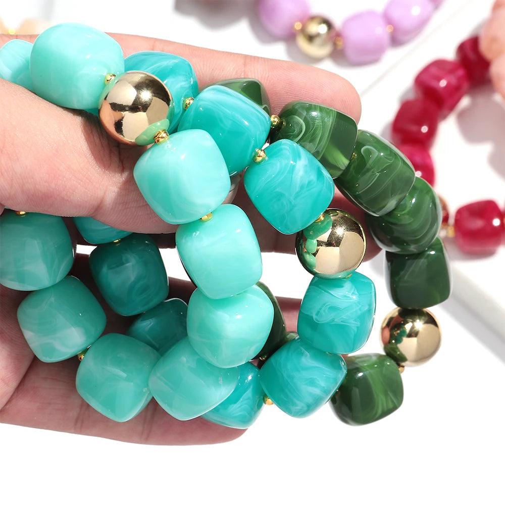 Acrylic Square Beads Elastic Bracelets for Women Boho Irregular Stone Shape Beaded Handmade Bracelet Bangle Retro Jewelry Gifts