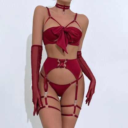 sexy lingerie set Bow bra Black Temptation Bra Set Belt Hollowed Out Gathering Four Piece underwear women Set Erotic Sleepwear