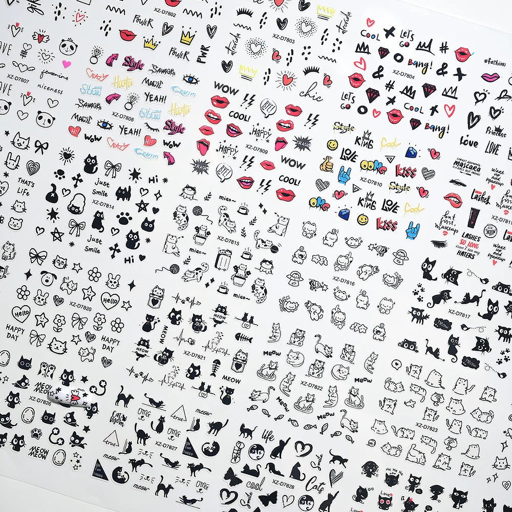 30pcs/set 3D Cartoon Cat Nail Art Stickers Black Graffiti Animal Bow Star Heart Nail Decals Kawaii Self-adhesive Manicure Slider