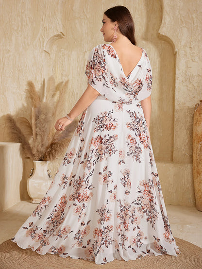 UNITHORSE Plus Size Multi-Layer Collar Short Sleeve Print Chiffon Maid of Honor Dress Elegant Wedding Guest Dress