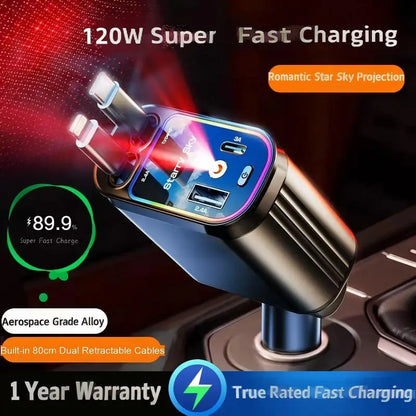 120W 5-in-1 Car Fast Charger Retractable Cable PD 30W Digital Voltmeter Star Light Car Charging Adapter For IOS Android