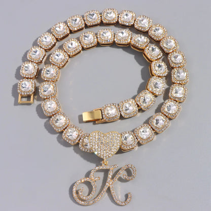 Hip Hop Bling Crystal Cursive Letter Initial Pendant Necklace Women Iced Out Cuban Choker Square Tennis Chain Necklace Jewelry