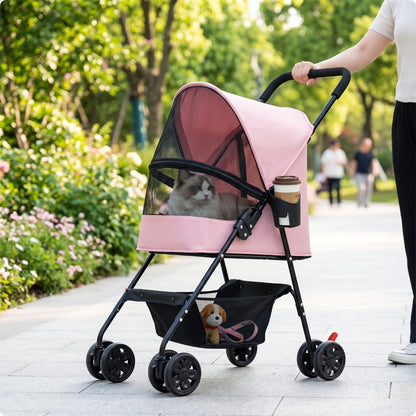 Pet Stroller with Cup Holder Collapsible Pet Stroller with Storage Basket Compact Portable for Small Dogs, Outdoor Walks, Travel