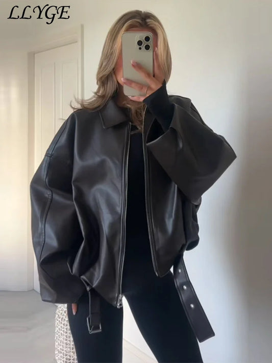 Street Women's Belt Leather Jackets Loose Lapel Zipper Long Sleeve Pockets Female Coats 2026 Autumn Lady Fashion Y2k Outwear