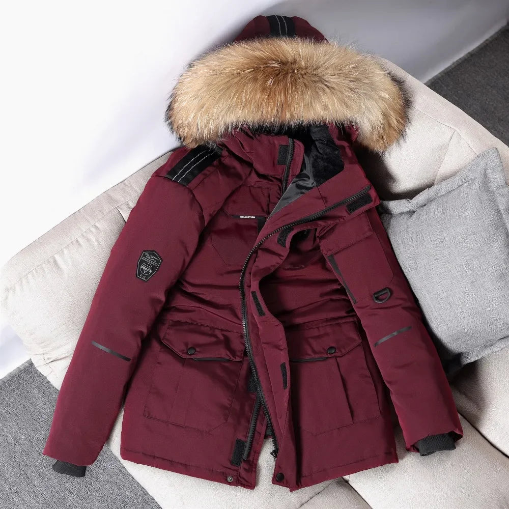 Winter Mens Down Jacket 90% White Duck Down Parkas Coat Mid-length Fur Collar  -30 Degree Keep Warm Male Thicken Snow Overcoats