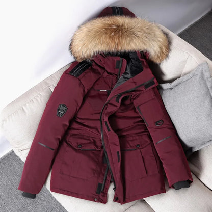 Winter Mens Down Jacket 90% White Duck Down Parkas Coat Mid-length Fur Collar  -30 Degree Keep Warm Male Thicken Snow Overcoats