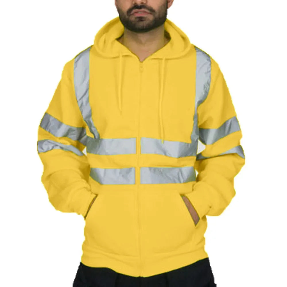Men Reflective Strip Hoodies Casual Fit Work Safety Jackets Autumn Thin Fleece Hooded Zipper Sweatshirt Coats Workwear For Men