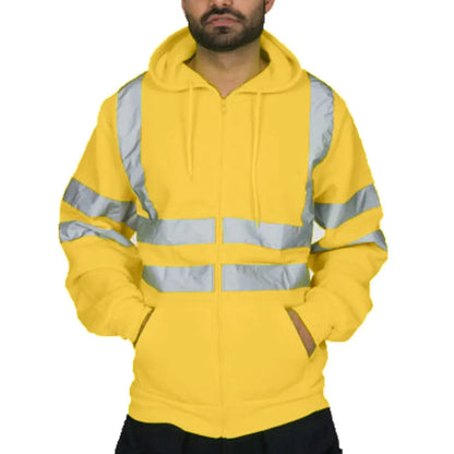 Men Reflective Strip Hoodies Casual Fit Work Safety Jackets Autumn Thin Fleece Hooded Zipper Sweatshirt Coats Workwear For Men