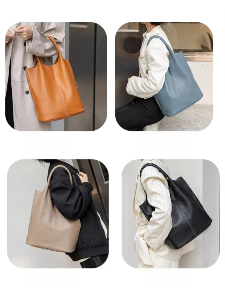 Genuine Grade Leather Women Commuter Tote Bag Ladies Soft Cowhide Tote Shoulder Handbag Large Female Bucket Bag Luxury Designer