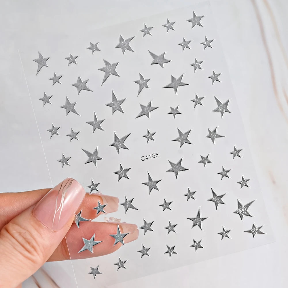 1pc Sliver Gold Star Nail Art Stickers Y2K Charms Self-Adhesive Sliders Laser White Chrome Gel Polish Decals Kawaii Accesories
