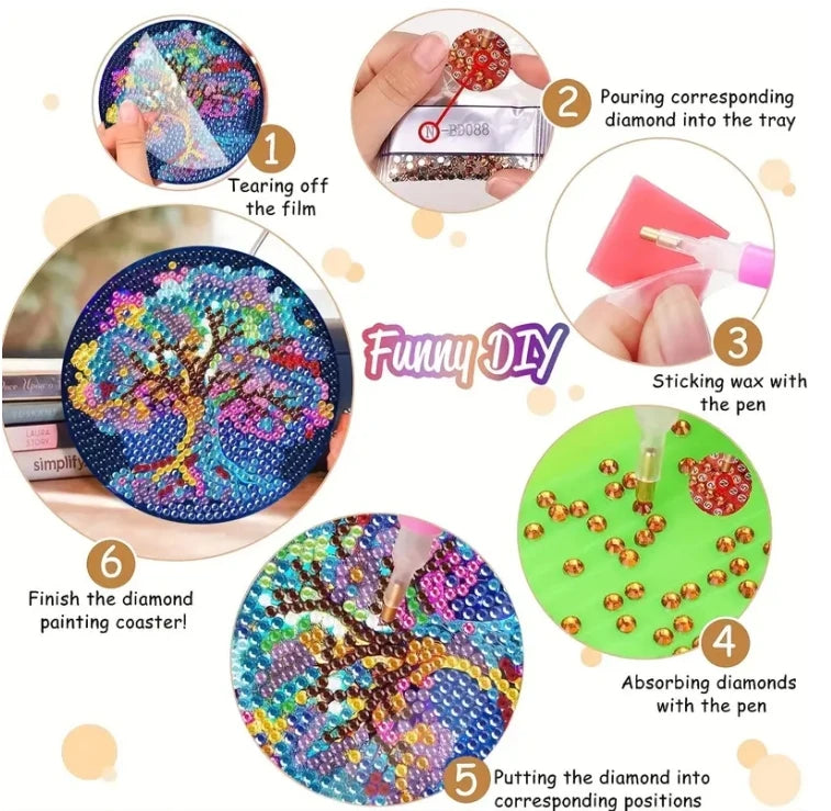 8pcs/Set DIY Diamond Painting Coasters with Holder Anti Slip Wood Drip Mats Crystal Rhinestones Diamond Art Coasters for Adults