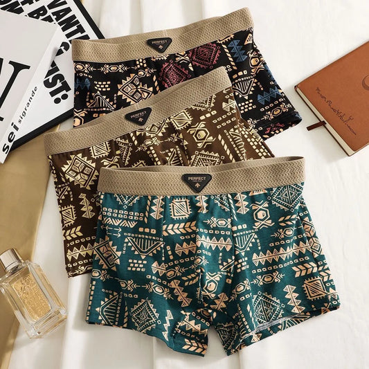 Retro Ethnic Style Men's Boxer Comfortable Briefs Vintage Print Elastic Underwear for Man Lingerie Mid Waist Shorts Underpants