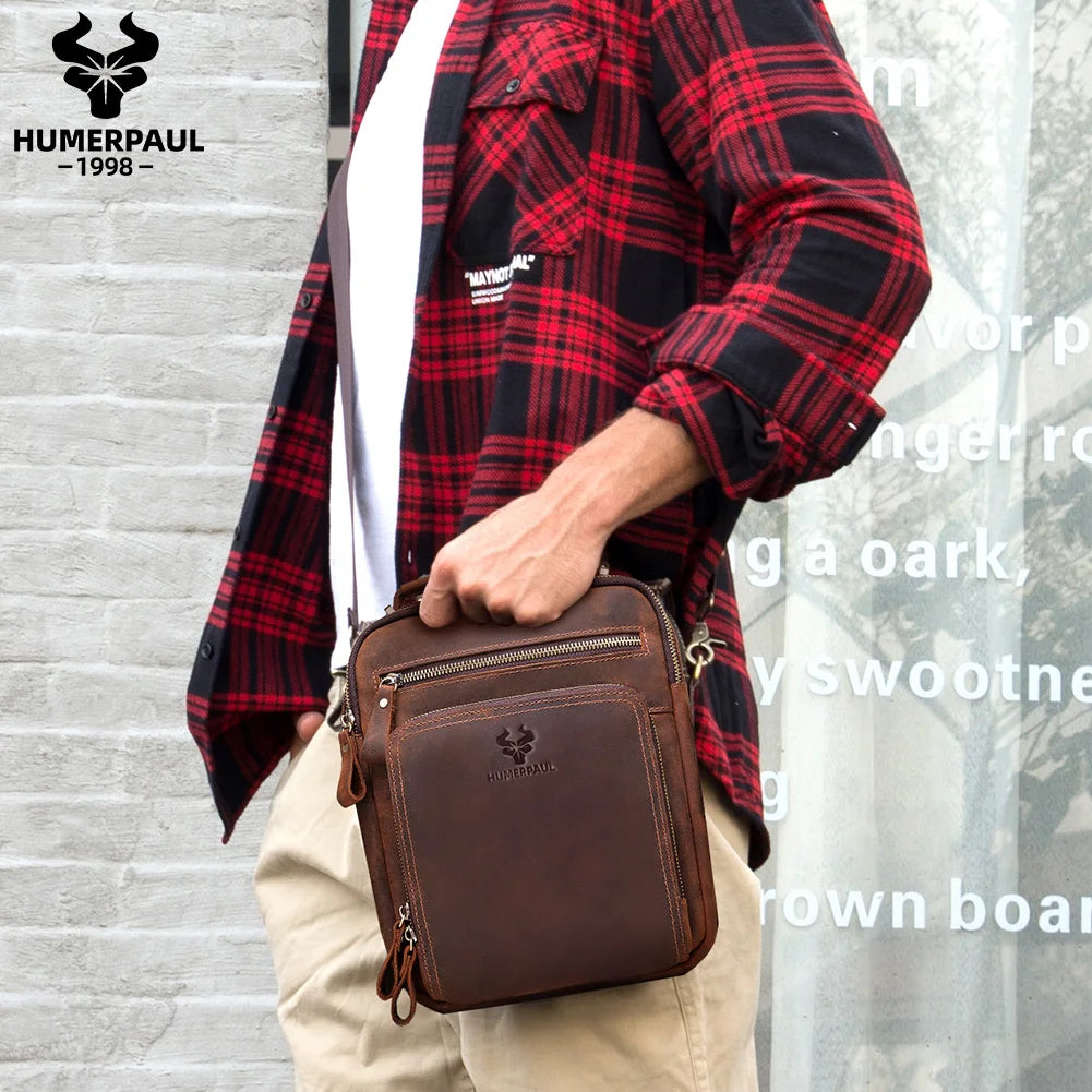 HUMERPAUL Genuine Leather Men's Shoulder Bag Vintage Cross Bags Large Capacity Male Messenger Tote Bag Travel Bolso Hombres