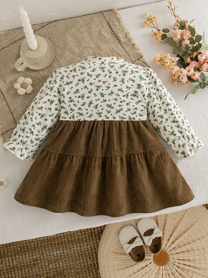Retro Floral Print Toddler Baby Dress Long Sleeve Casual Outfit Baby Girls Daily Play Clothes Comfortable Baby Wear
