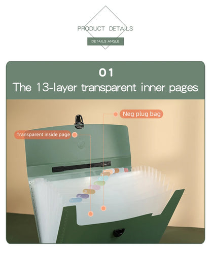 A4 File Folder 13 Layers Fashion Storage Bag Desktop Organizer for School Office Supplies Test Paper Stationery
