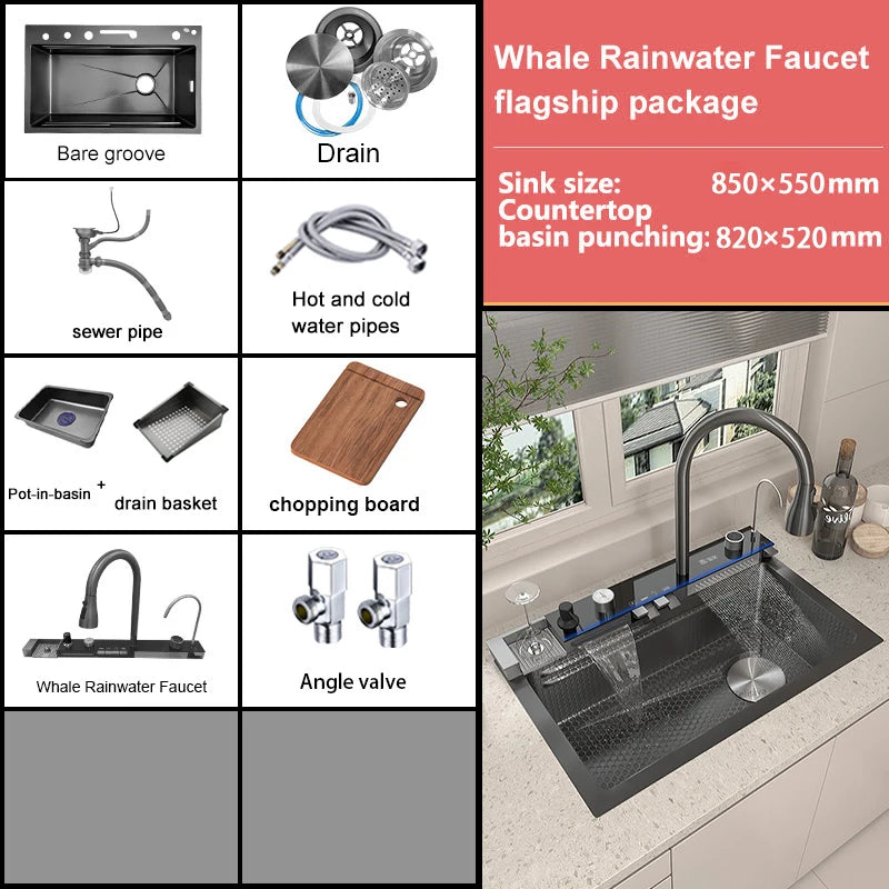 Household Waterfall Digital Display Kitchen Sink Stainless Steel Multifunction Wash Dish and Vegetables Basin Large Single Slot