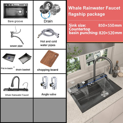 Household Waterfall Digital Display Kitchen Sink Stainless Steel Multifunction Wash Dish and Vegetables Basin Large Single Slot