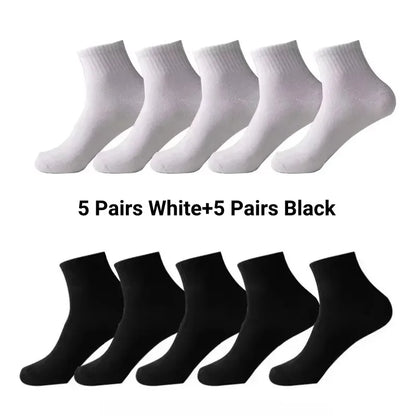 10 Pairs Men‘s Solid Color Mid-Calf Socks Breathable Comfort Sports Casual Work Socks White Black All Seasons EU 37-44 US 6-12