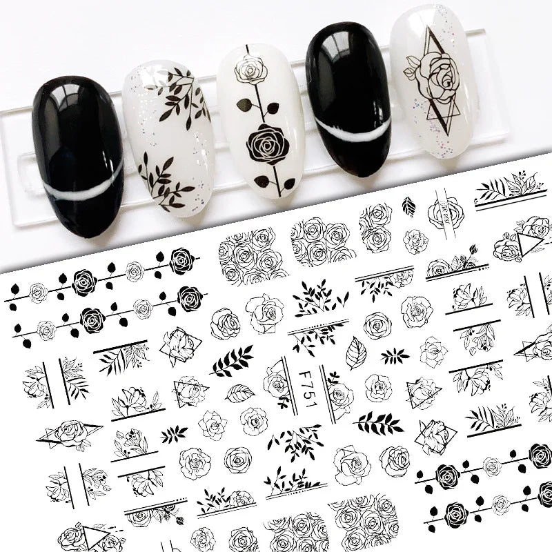 Black and White Love Flowers Line Art 3D Stickers Nail Decals Nail Art Accessories Butterfly Rose Nail Stickers Nail Sliders