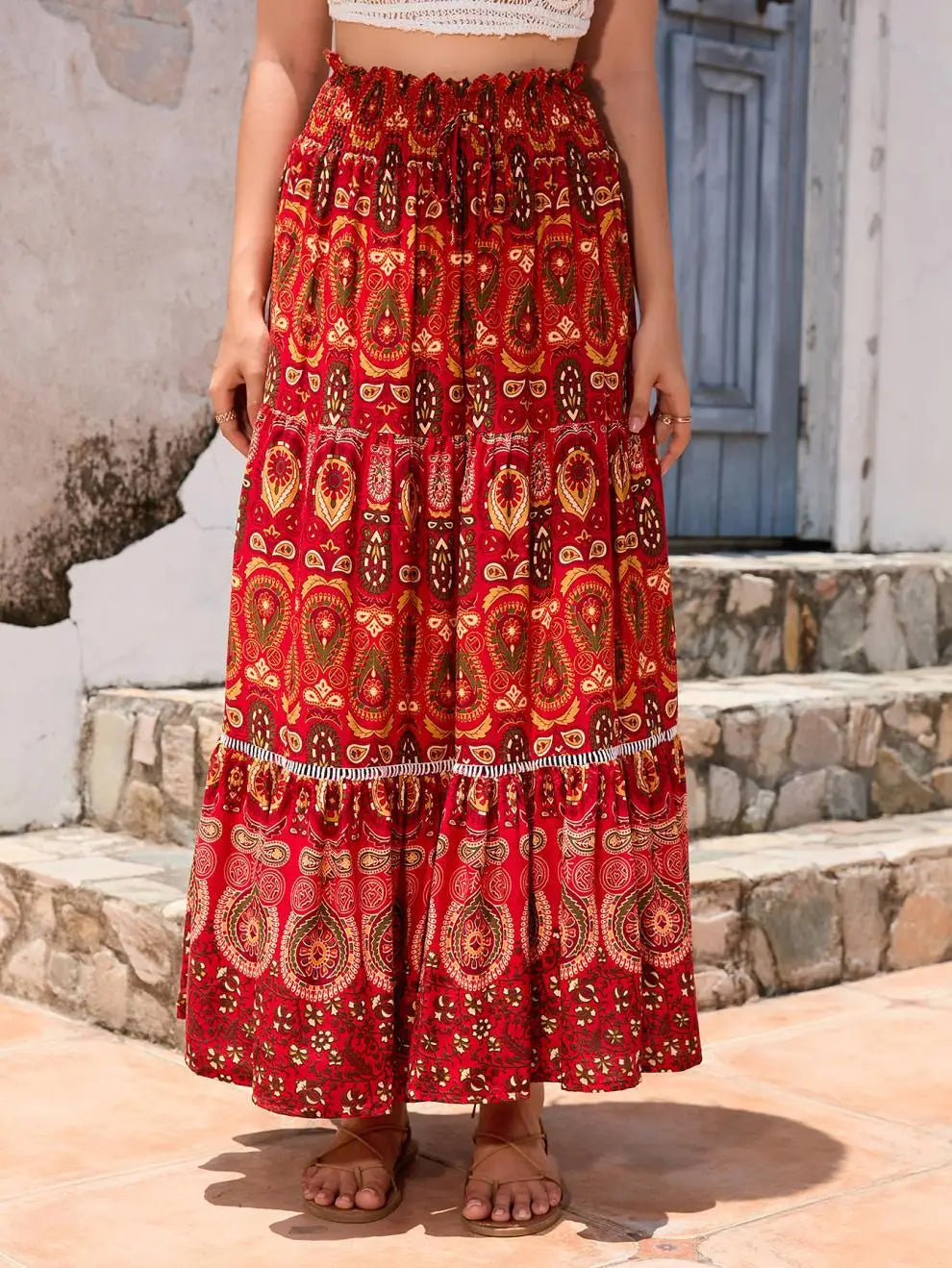 Women's Casual Temperament Skirt Women's Fashionable Bohemian Printed Elastic Waist Temperament Skirt Big Sway Temperament Skirt