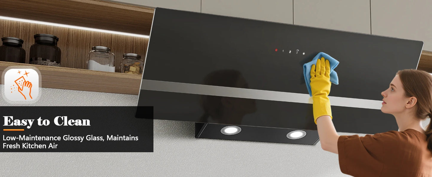90cm Wall Hood, A+++ Energy Class, 400 m³/h, Touch Control, LED Light, Black Stainless Steel/Glass, Quiet 58 dB‌