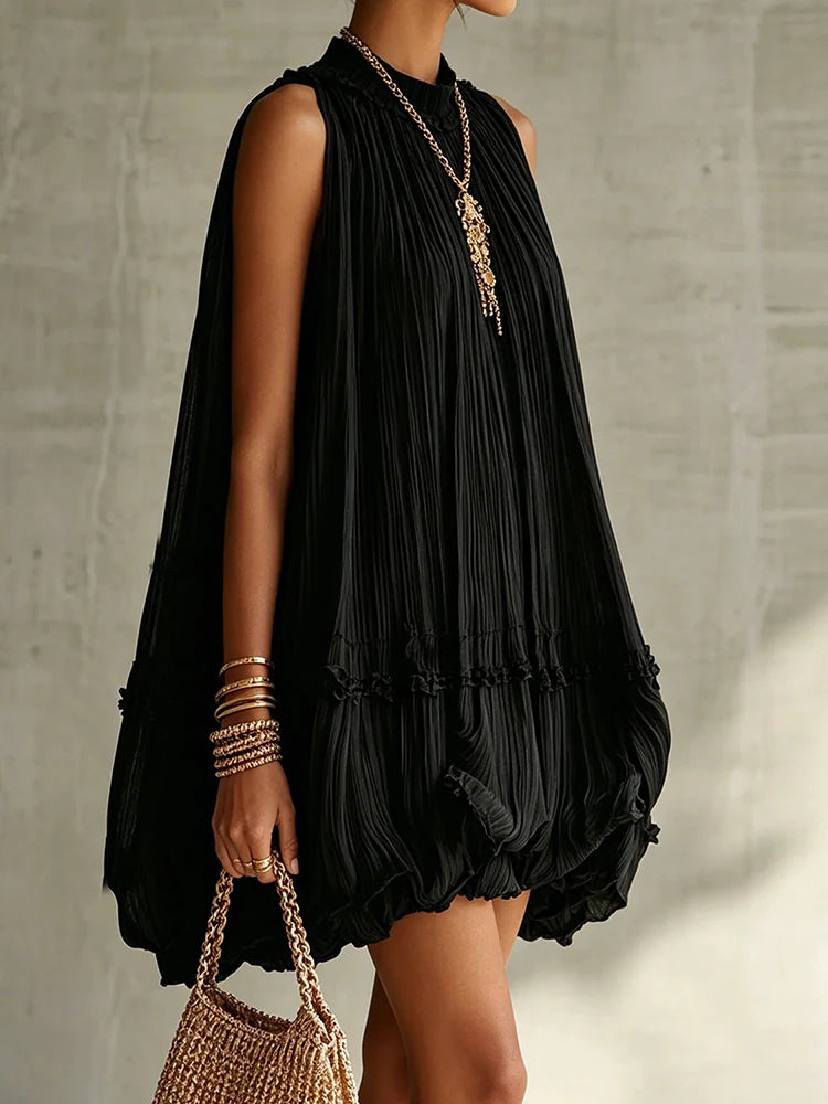 2026 Women Solid O-Neck Princess Party Dress Spring Summer Sexy Sleeveless Ladies Loose Ruched Dresses Streetwear Dropshipping