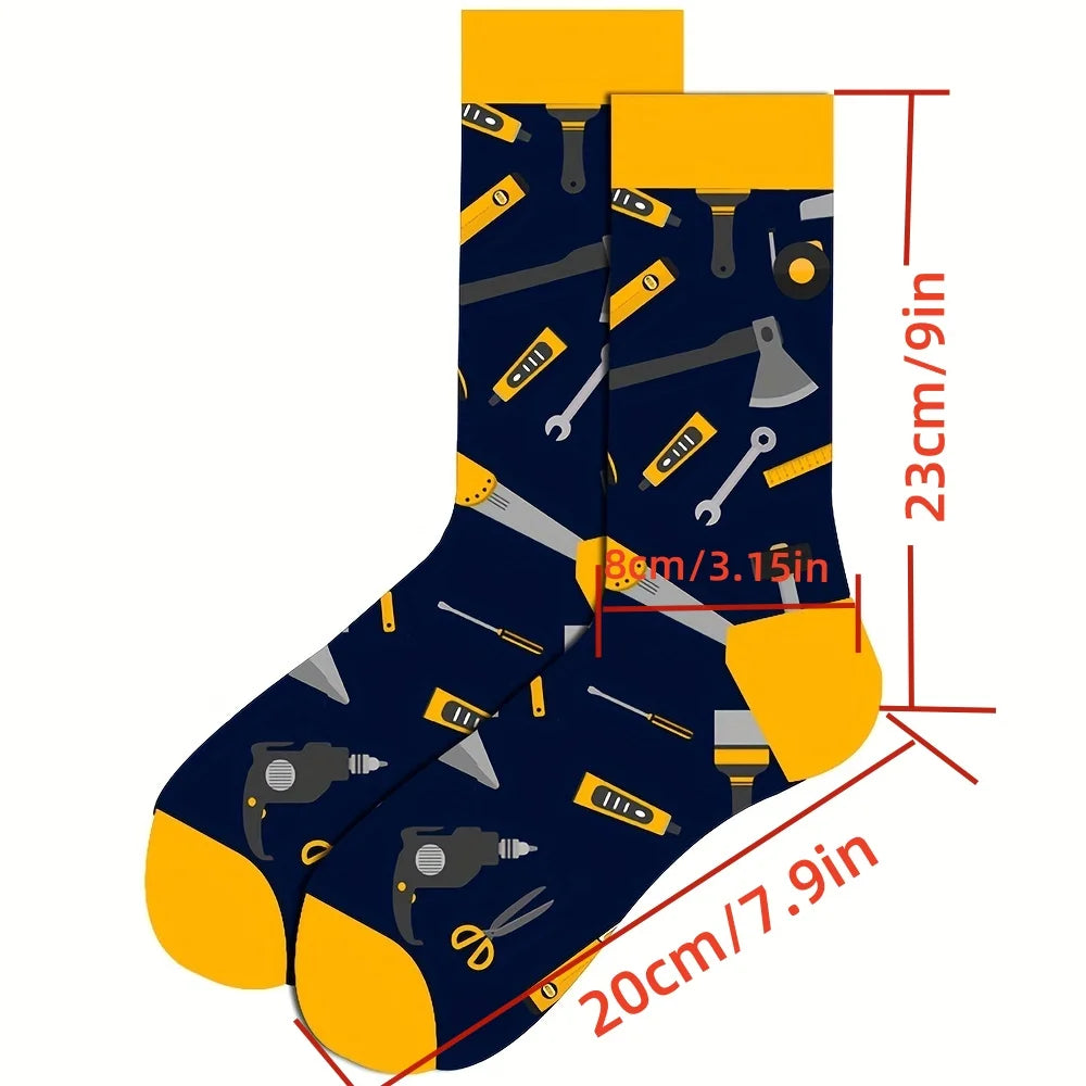 1 pair of men's cartoon printed tool pattern with unique and personalized long socks men  socks