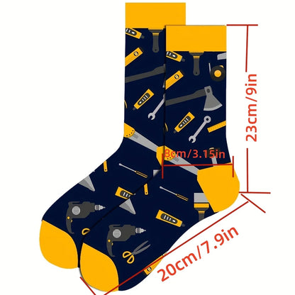 1 pair of men's cartoon printed tool pattern with unique and personalized long socks men  socks